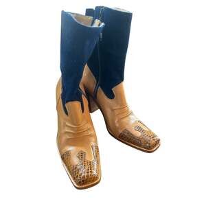 Vintage Y2K Riverstone Denim Leather Western Boots Snakeskin Cowboy 7.5